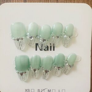 Mint Green and Silver Press-On Nails